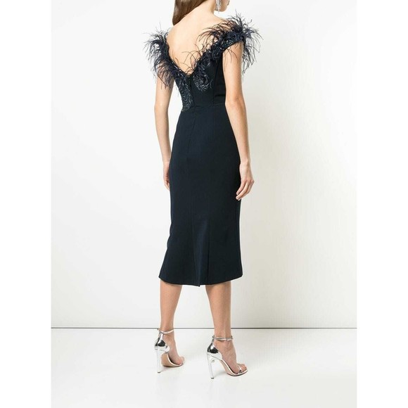 MARCHESA Navy Blue Ostrich Feather Beaded Off Shoulder Fluted Hem Dress 8 M NEW - Picture 3 of 12